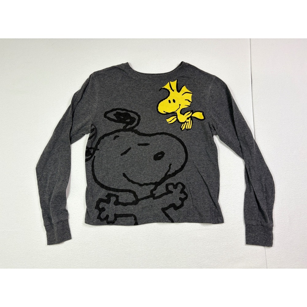 Peanuts Snoopy Woodstock Graphic Long Sleeve Crop Top Charcoal Gray Small